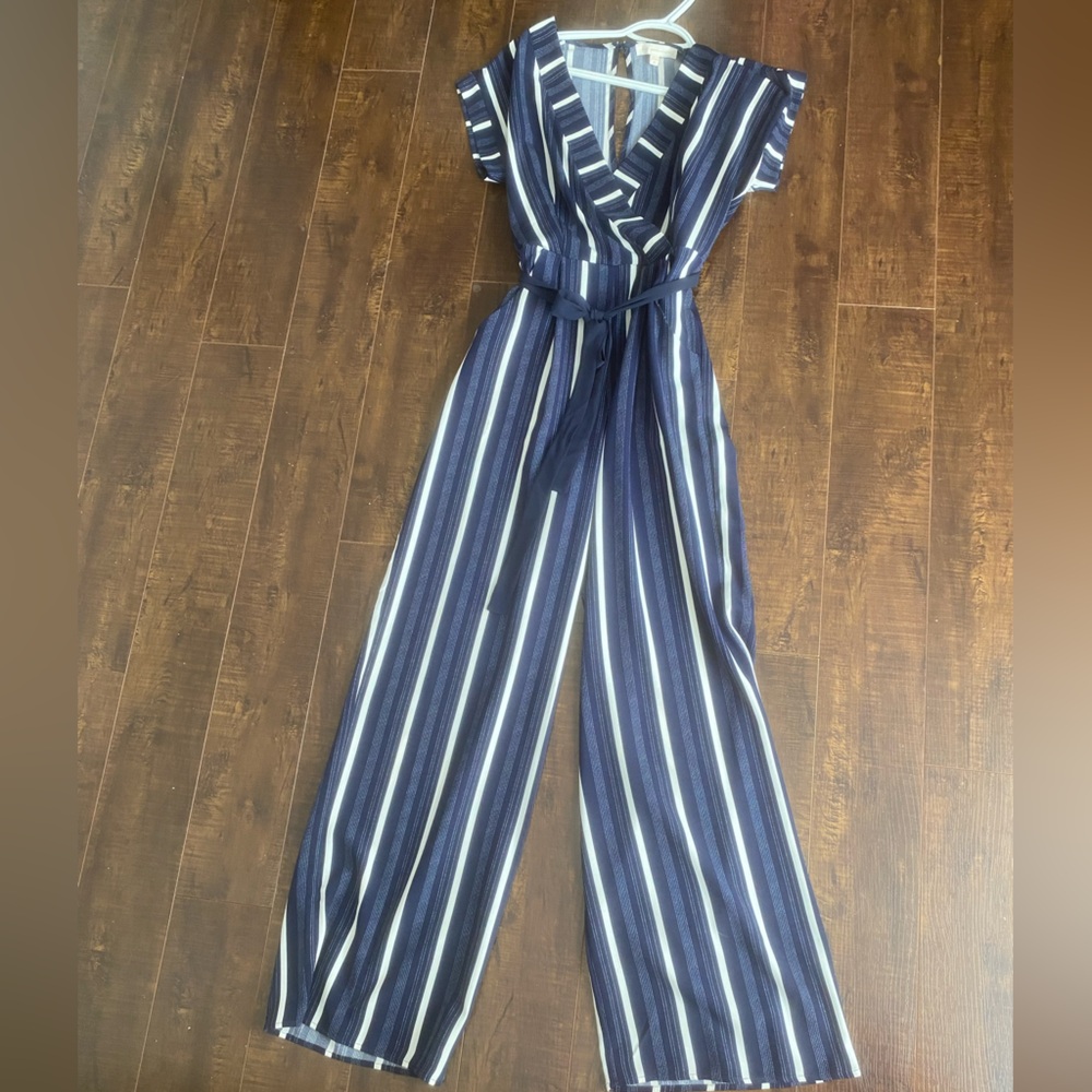 Blue and White Striped Jumpsuit with V-Neck